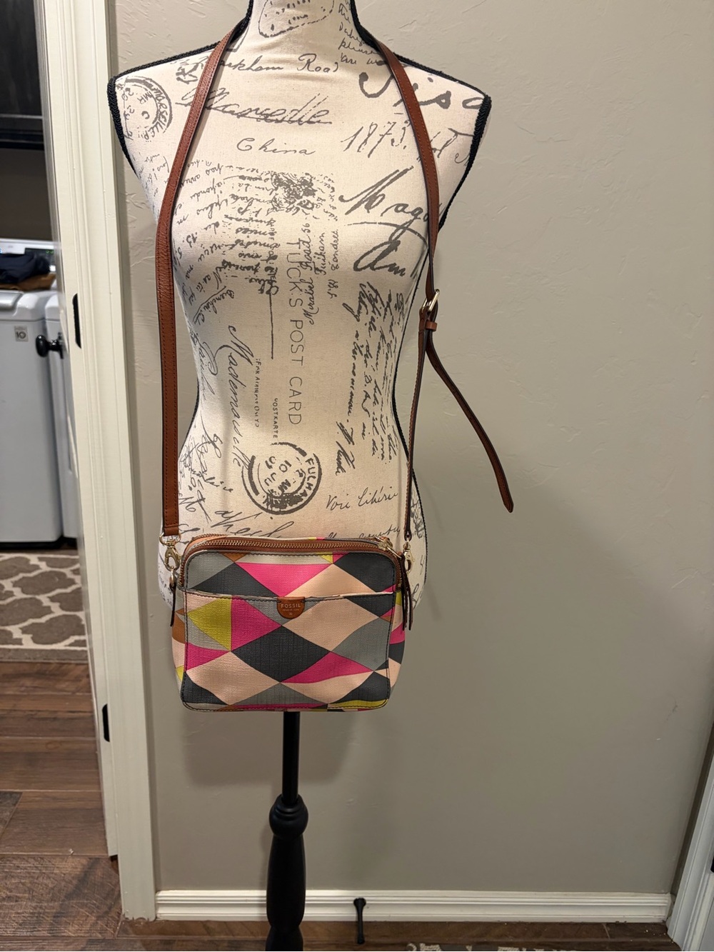 Fossil Multicolor Geometric Crossbody with Brown Strap